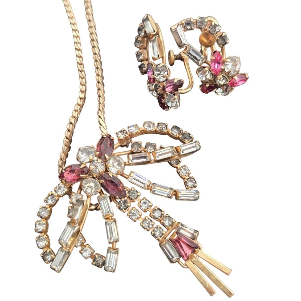 Vtg Phyllis Hollywood Glam Orchid Pendant Necklace Earrings Brooch 12KT GF Set